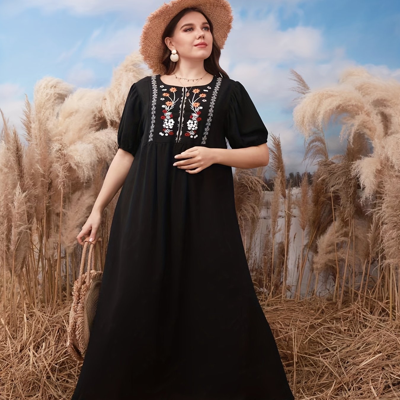 Floral Embroidery Bubble Sleeve Maxi Dress
