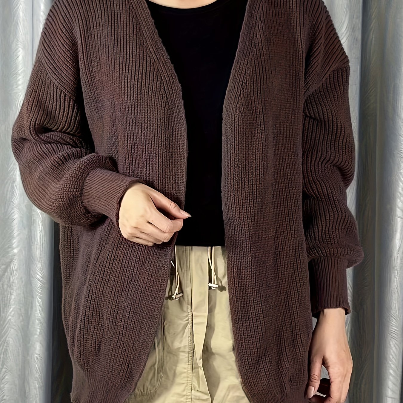 Solid Open Front Cardigan Long Sleeve Drop Shoulder Cardigan