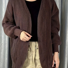 Solid Open Front Cardigan Long Sleeve Drop Shoulder Cardigan