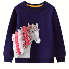 Girls Horse Patch Pattern Crew Neck Sweatshirt Top Pullovers