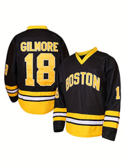 Men's Embroidery Ice Hockey Jersey Vintage Stripe V Neck Long Sleeve