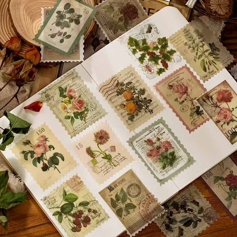 60pcs Vintage Stamp Stickers Retro Plant Mushroom for DIY Scrapbook Journal