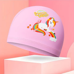 Kids PU Waterproof Swim Cap, Cartoon Pattern Ear Protection, High Elasticity