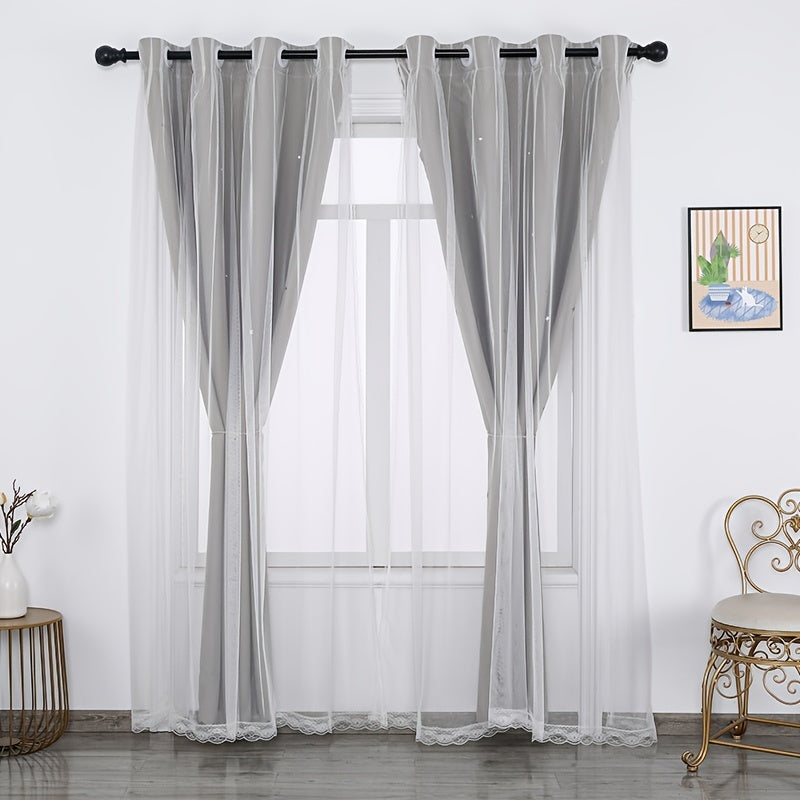 Blackout Star Window Curtain With Tulle Overlay