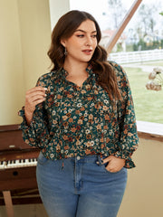 Ditsy Print Long Sleeve V Neck Keyhole Tie Top