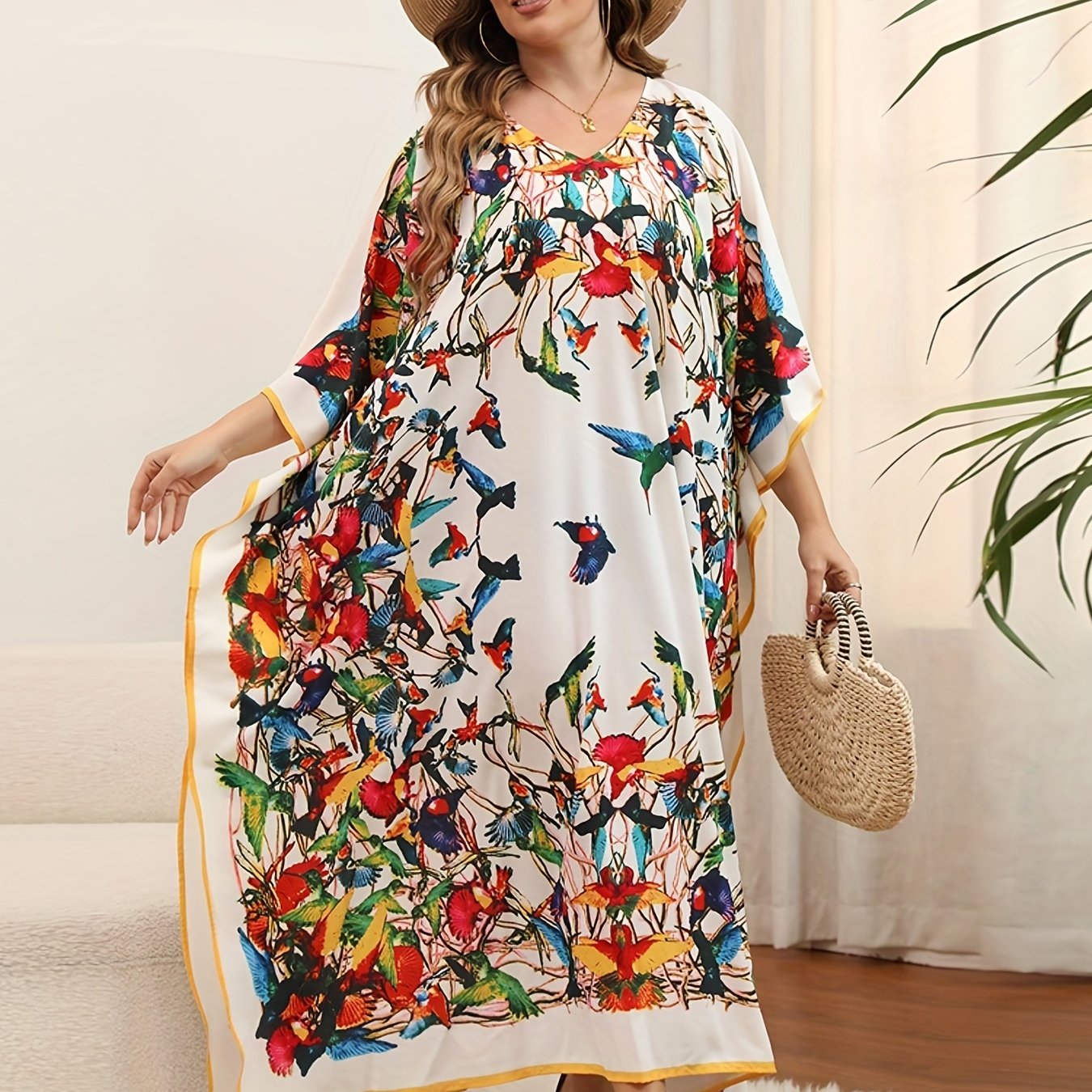 Boho Cover Up Dress Plus Size Print Bat Sleeve V Neck Slight S