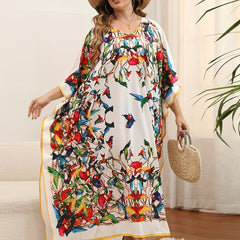 Boho Cover Up Dress Plus Size Print Bat Sleeve V Neck Slight S