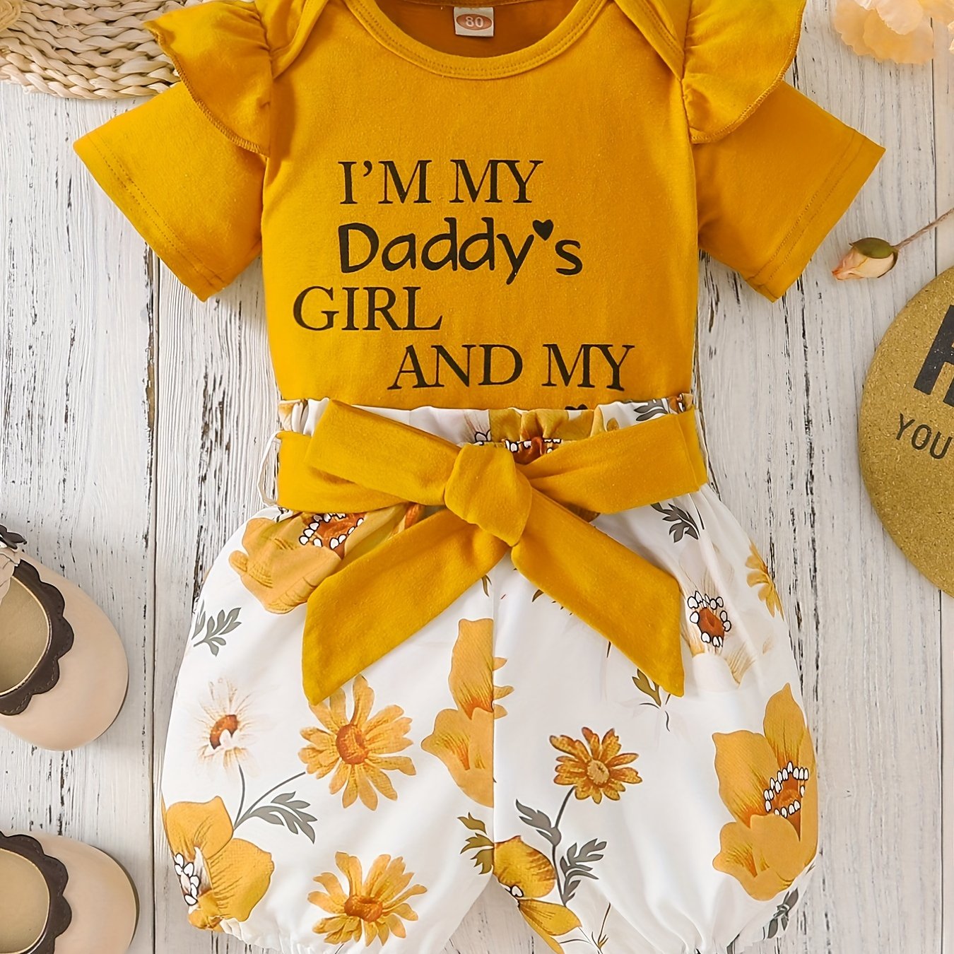 2PCS Baby Girl Summer Outfit Ruffle Letter Tops Floral Shorts Set