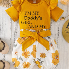 2PCS Baby Girl Summer Outfit Ruffle Letter Tops Floral Shorts Set