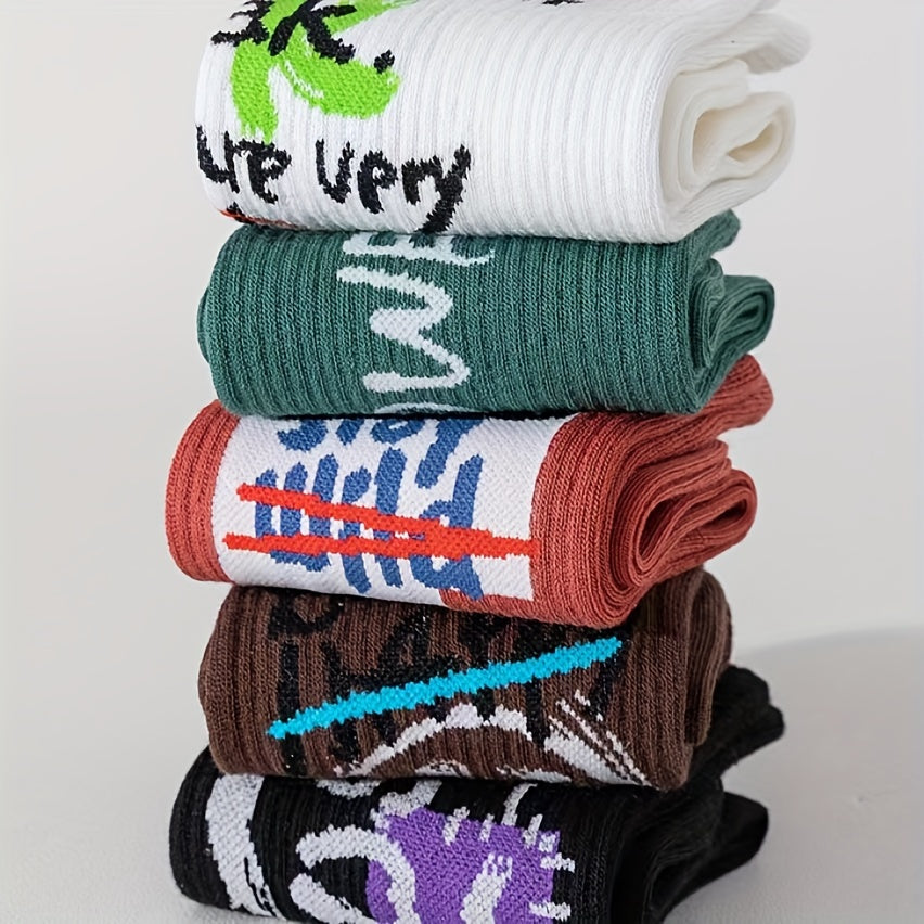 Men's Cartoon Letter Crew Socks Breathable Cotton Blend Comfy Casual Unisex Outd