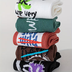 Men's Cartoon Letter Crew Socks Breathable Cotton Blend Comfy Casual Unisex Outd