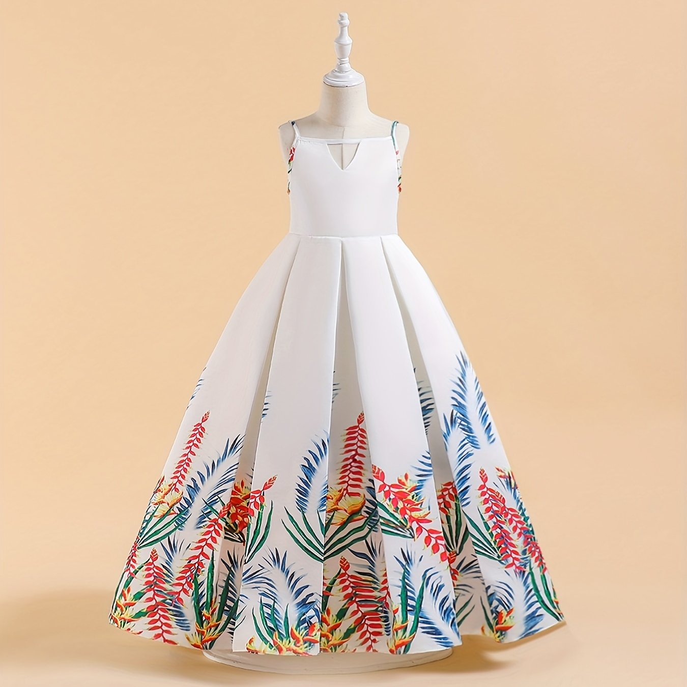 Girls Tropical Print Cut Out Pleated Party Dress Suspenders Printed Long Skirt