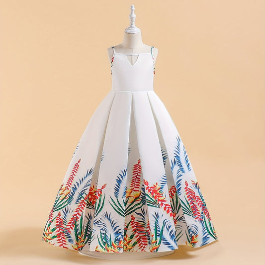 Girls Tropical Print Cut Out Pleated Party Dress Suspenders Printed Long Skirt