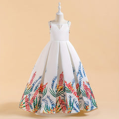 Girls Tropical Print Cut Out Pleated Party Dress Suspenders Printed Long Skirt