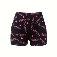 Women's Plus Heart & Slogan Print High Rise Skinny Shorts