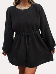 Casual Sweater Dress Women's Plus Solid Drawstring Lantern Sleeve