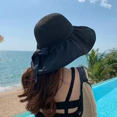 Wide Brim Bow Sun Hat Women Casual Sunscreen Bucket Hat UV Protection