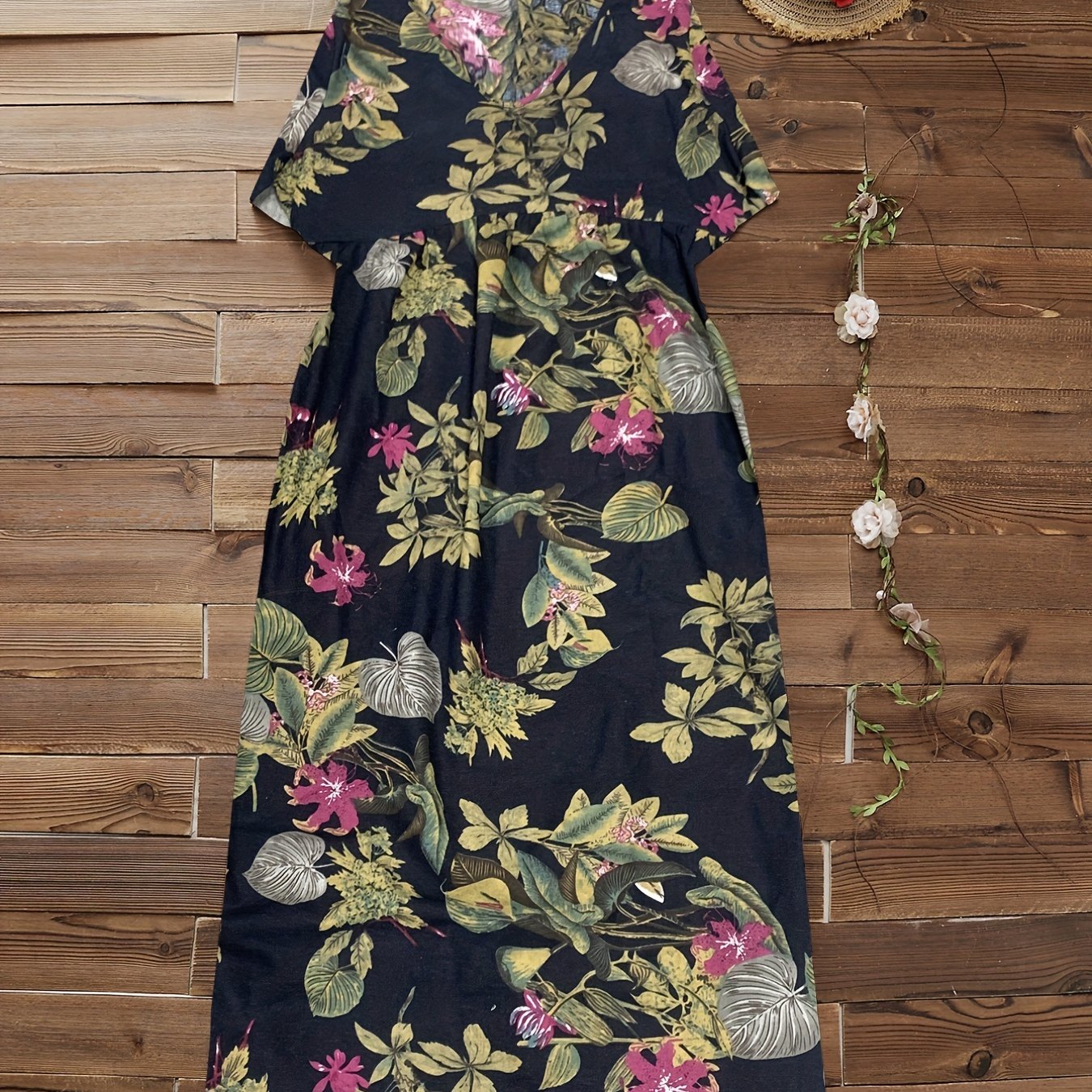 Women's Plus Floral Print Short Sleeve V Neck Loose Fit Dress