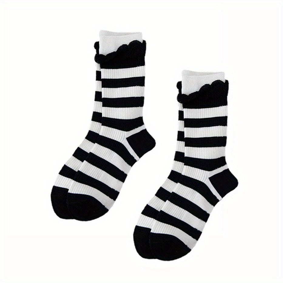 Striped Ruffle Socks 2 Pairs Comfy Mid Tube Socks Women's Stockings