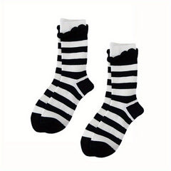 Striped Ruffle Socks 2 Pairs Comfy Mid Tube Socks Women's Stockings