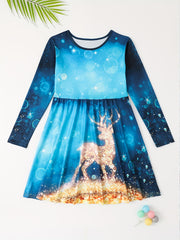 Girls Reindeer Graphic Long Sleeve Dress for Spring Fall