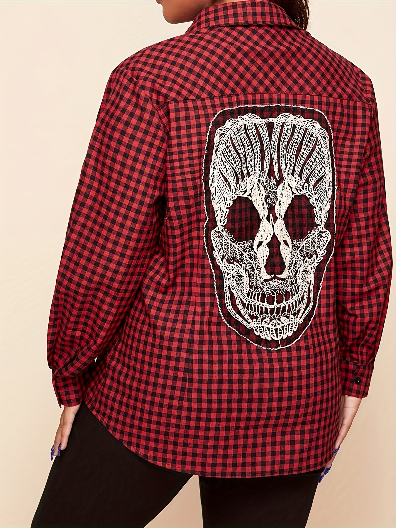 Plus Plaid & Skull Print Lace Button Up Long Sleeve Shirt Top
