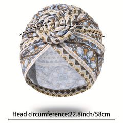 Boho Print Pleated Turban Floral Beanie Pre Tied Front Knot Elastic Head Wrap