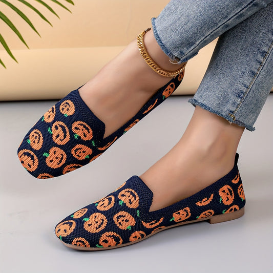 Women's Pumpkin Print Flat Shoes Breathable Knit Square Toe Shoes