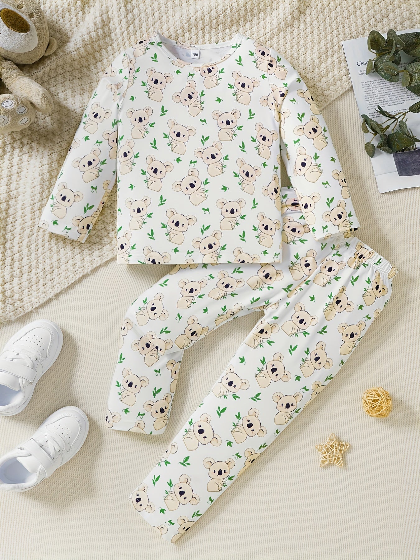 2pcs Toddler Girls Bear Graphic Pajama Set Crew Neck Long Sleeve T Shirt & Pants