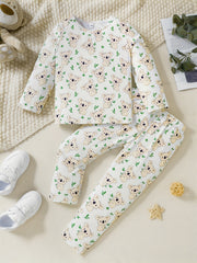 2pcs Toddler Girls Bear Graphic Pajama Set Crew Neck Long Sleeve T Shirt & Pants