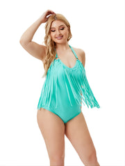 Fringe Trim One Piece Swimsuit Halter Neck Beachwear