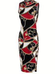 Colorblock Chain Print Mock Neck Slim Fit Dress