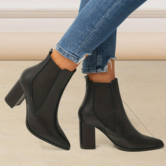 Women's Block Heel Ankle Boots Pointed Toe Slip On Faux Leather Shoes