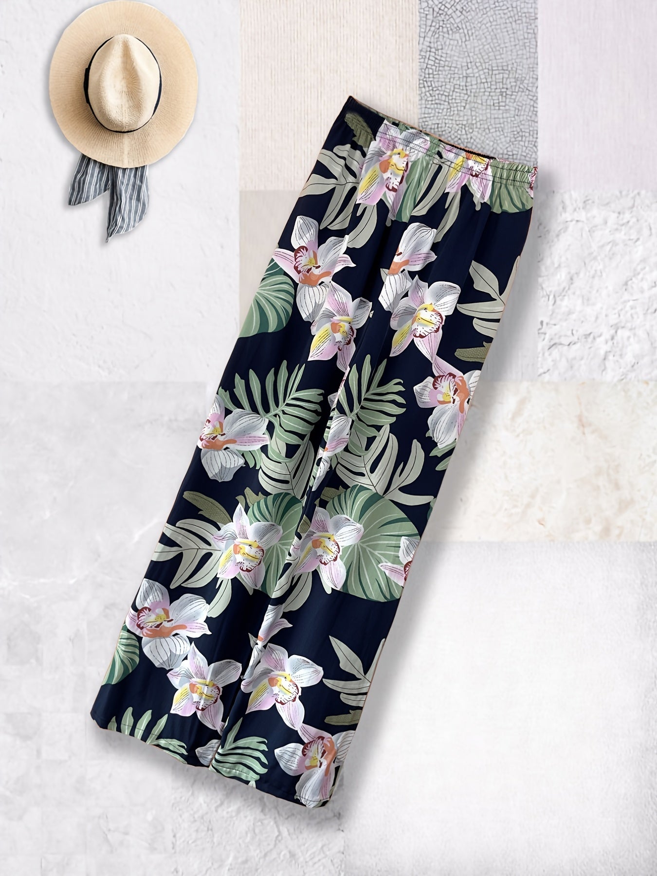 Floral Print High Waist Straight Leg Pants