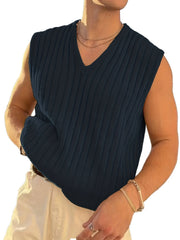 Men's Retro Style V Neck Knitted Vest in Stripe Textured Pattern
