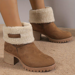 Women's Suedette Pattern Boots Solid Round Toe Thermal Lined Chunky Heel