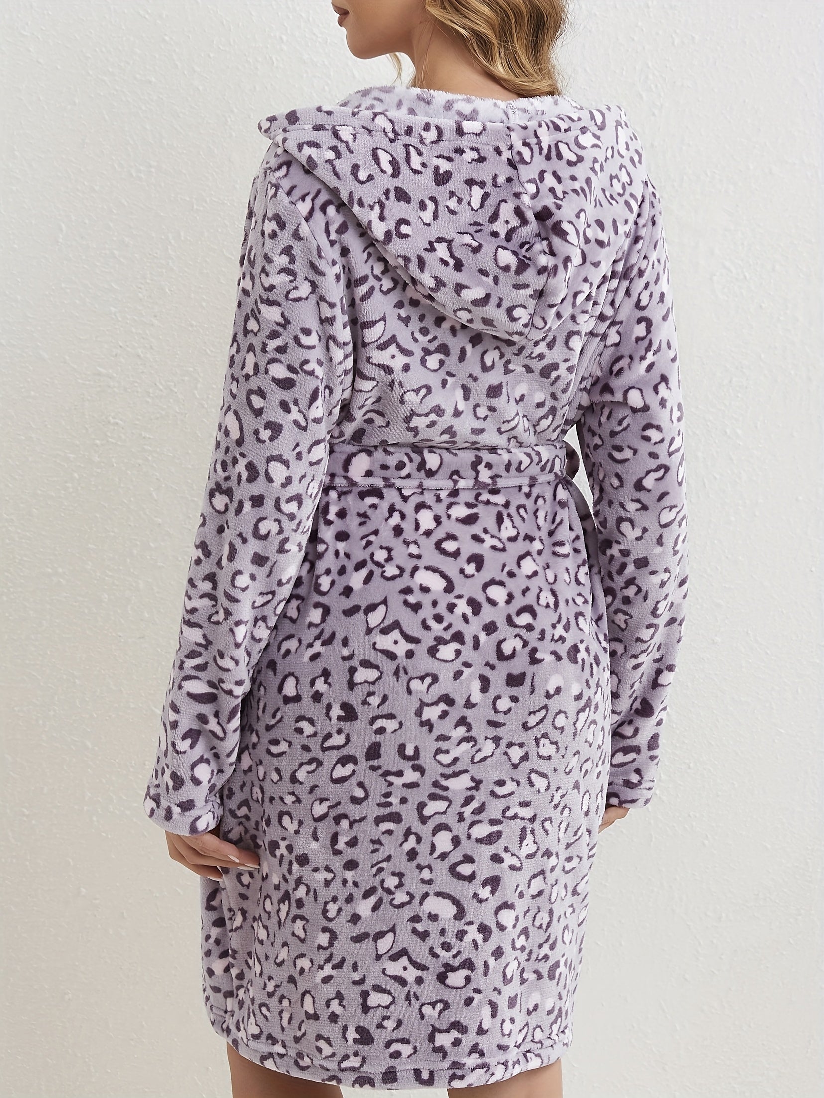 Leopard Hooded Fuzzy Night Robe Warm Long Sleeve Robe