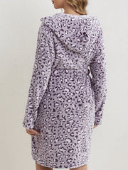 Leopard Hooded Fuzzy Night Robe Warm Long Sleeve Robe