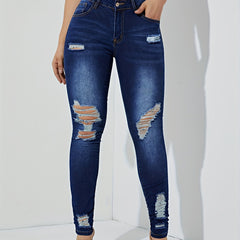 Stretchy High Waist Skinny Jeans with Distressed Slash Pockets