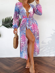 Leaf Print Tie Belt Long Sleeve Kaftan Cover Up Dress
