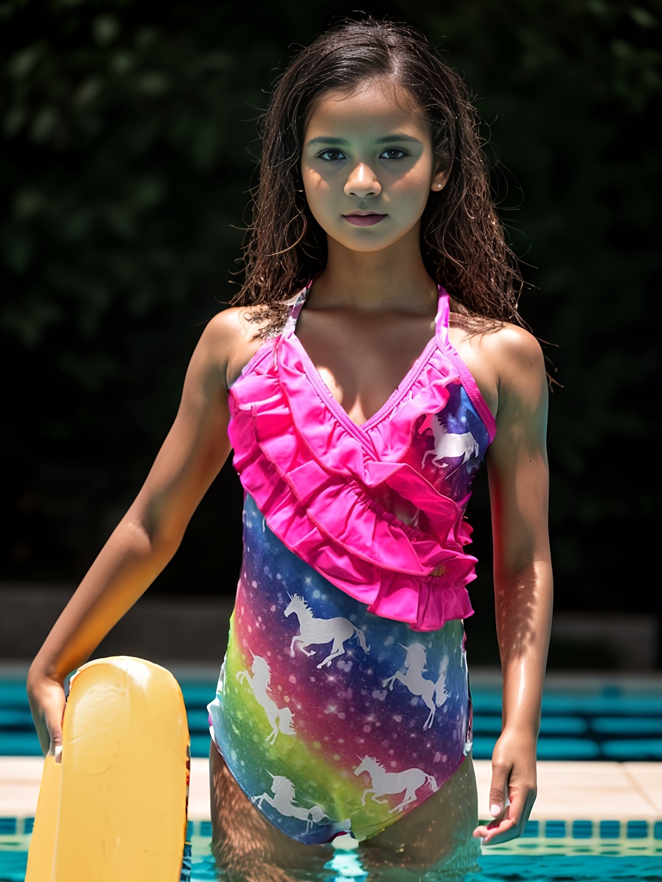 Girls Stretchy Frill Trim Cross Back Swimwear Bathing Suit