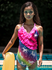 Girls Stretchy Frill Trim Cross Back Swimwear Bathing Suit