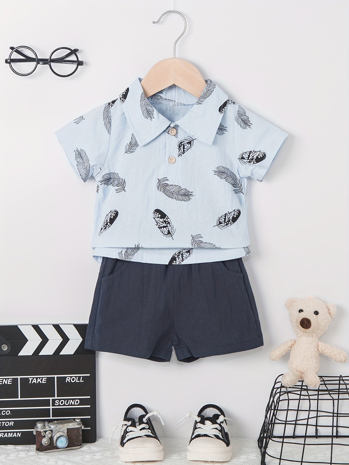 2pcs Baby Boys Leaf Print Polo Shirt & Shorts Set