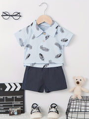 2pcs Baby Boys Leaf Print Polo Shirt & Shorts Set
