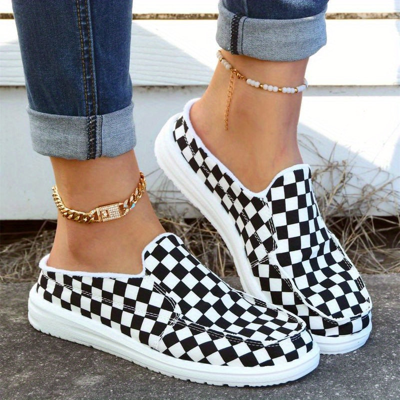 Women's Checkerboard Canvas Slip-On Loafers Flat Mules