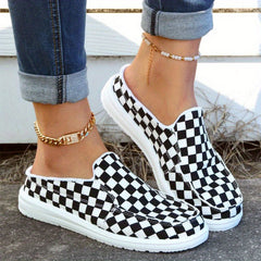 Women's Checkerboard Canvas Slip-On Loafers Flat Mules