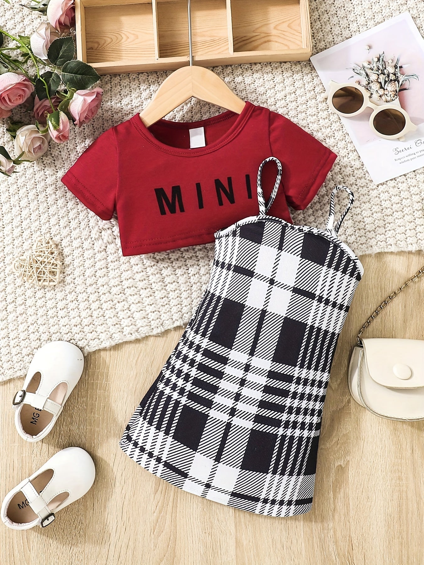 Infants Summer Outfit Short Sleeve Tee Top & Cami Dress Set with Suspenders