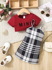 Infants Summer Outfit Short Sleeve Tee Top & Cami Dress Set with Suspenders