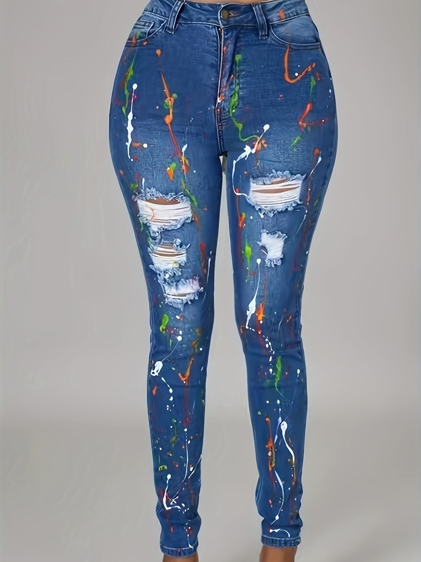Women's Plus Graffiti Print Ripped Button Fly High Rise Skinny Jeans