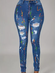 Women's Plus Graffiti Print Ripped Button Fly High Rise Skinny Jeans